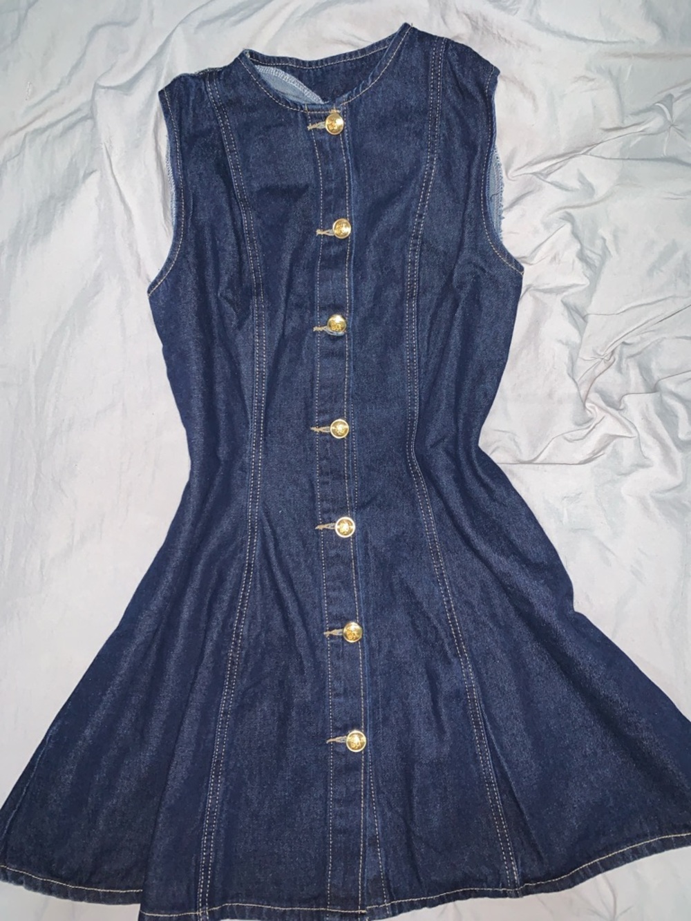 Sleeveless Dark Blue Denim Button-Front Dress